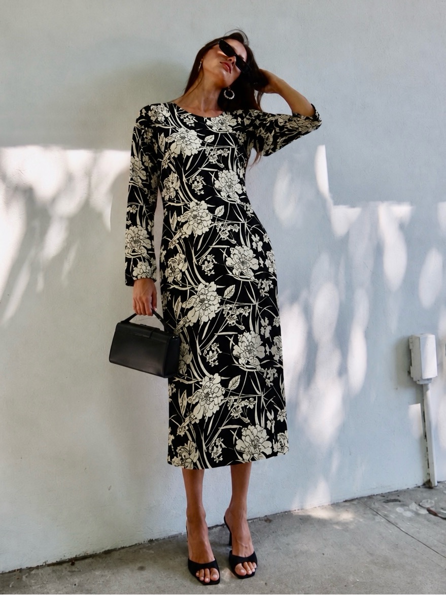 Nwt Bryn Walker Modal Ponti Floral Print Round Neck Long Sleeve Lantern Dress